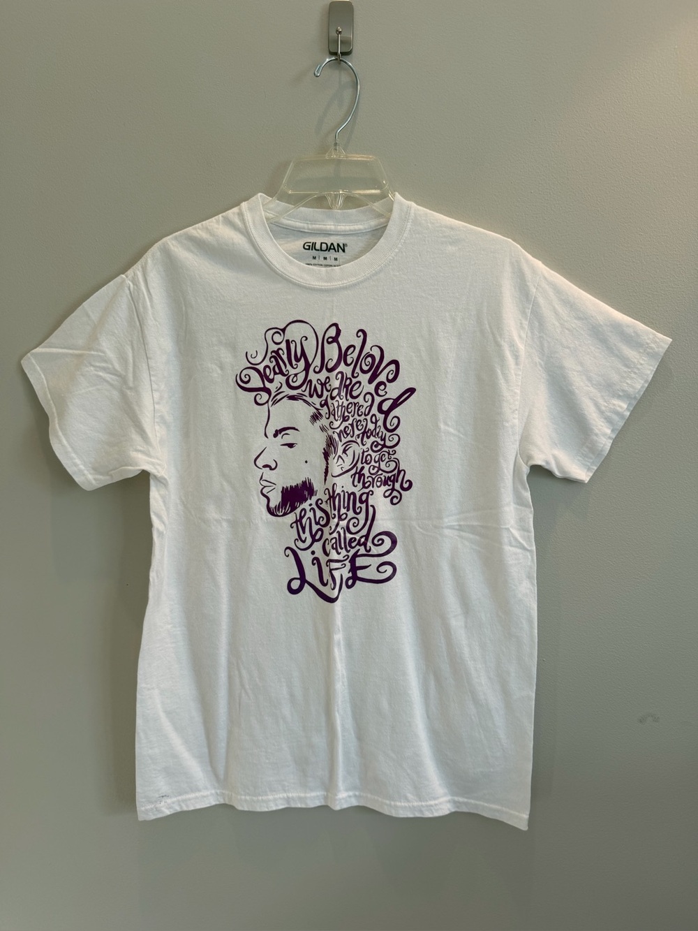 Gildan Prince Dearly Beloved We Are Gathered Here White Purple women’s Medium